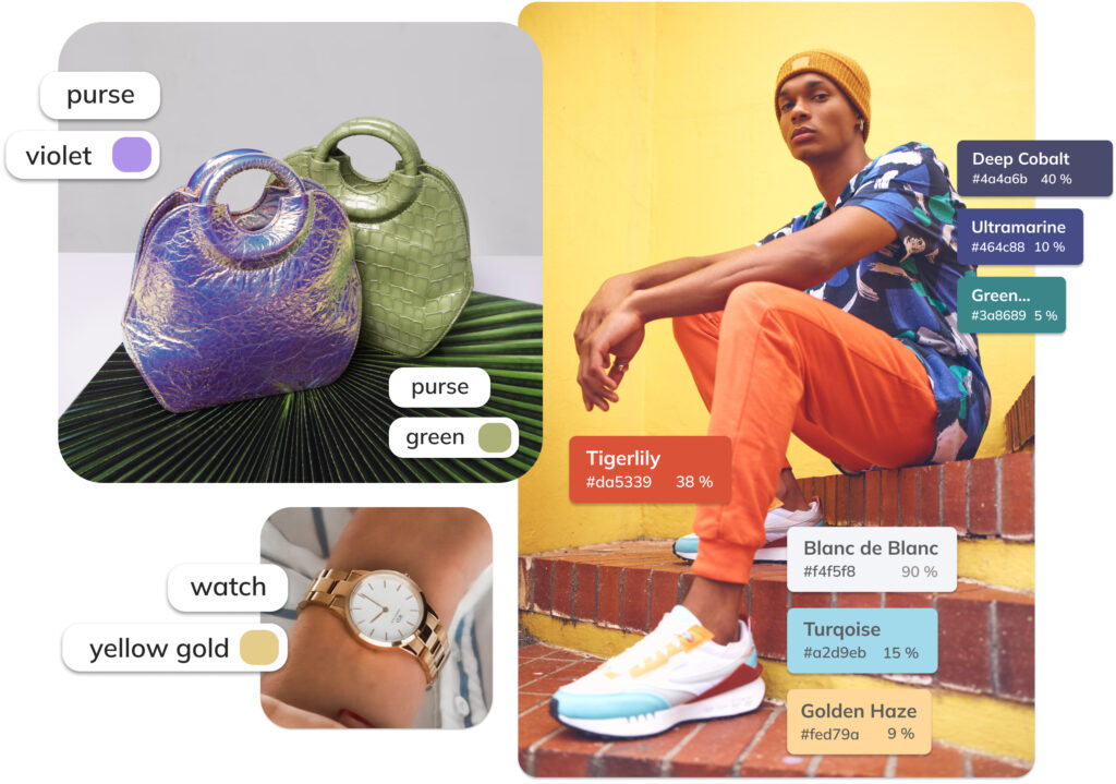 Ximilar provides the main RGB color of the dominant product and a palette of main Pantone colors, with their names, Hex codes, and percentage coverage.